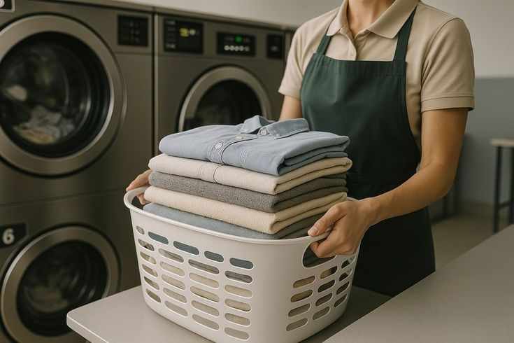 This may contain: a woman holding a laundry basket in front of washer and dryer machines with clothes stacked on top