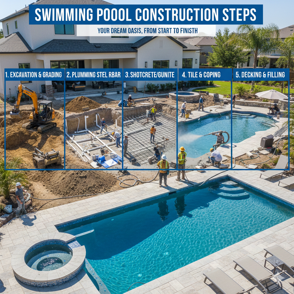 What are the steps involved in swimming pool construction?