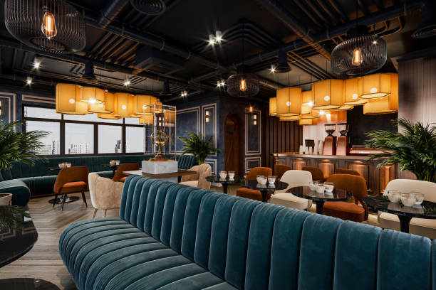 Modern restaurant interior with an industrial style and luxurious furniture. Modern restaurant interior with an industrial style and luxurious furniture. cafe stock pictures, royalty-free photos & images