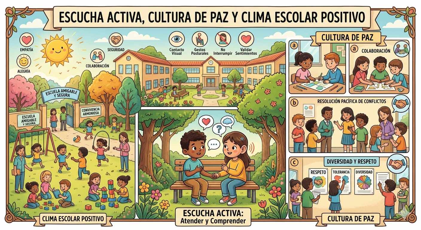 Escucha activa, cultura de paz y clima escolar positivo.