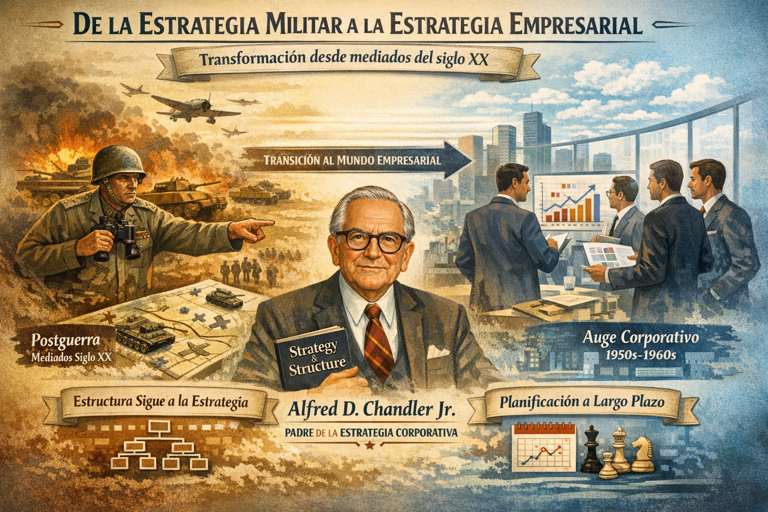 Describa cómo y cuándo se intensificó la transición del concepto de estrategia del ámbito militar al empresarial, y cuál fue el aporte fundamental de Alfred D. Chandler Jr. en esta formalización.