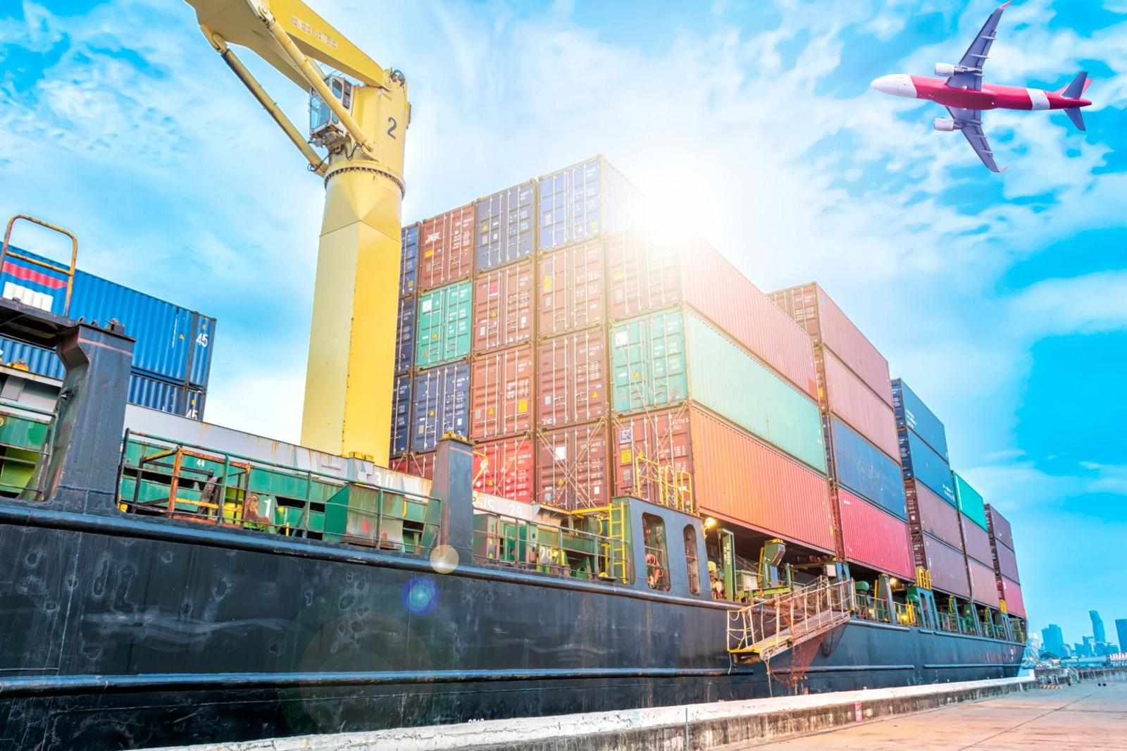 Container warehouse for delivery shipment transport, import export to global logistics concept.