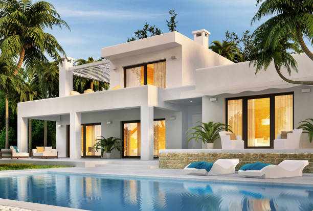 Modern white house with swimming pool Beautiful modern white house with swimming pool Luxury villas  stock pictures, royalty-free photos & images