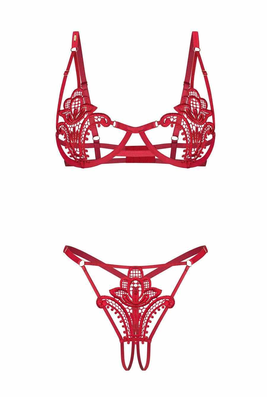 Red Lace Bra & Crotchless Gstring Set