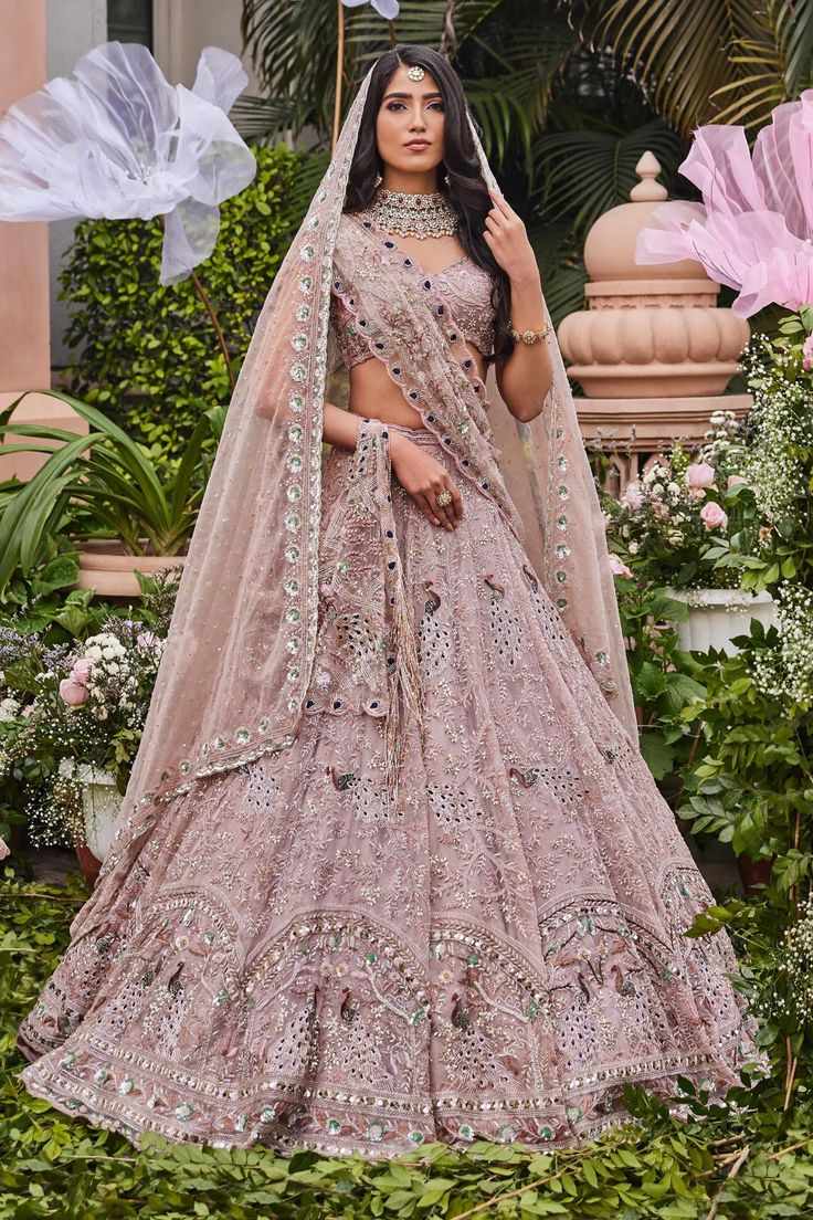 Buy Pink Organza And Tulle Crystal, Birds Of Paradise Embroidered ...
