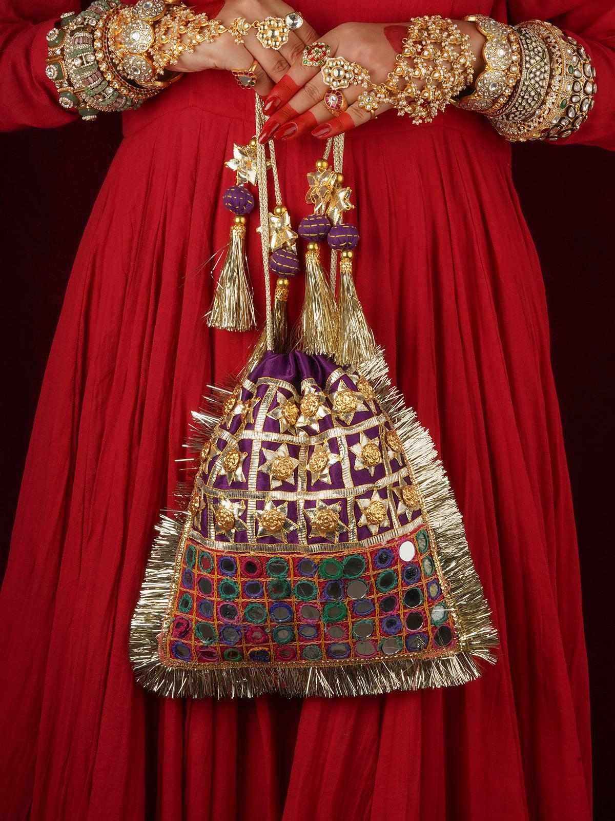 Mirror Work Gota Silk Kiran Potli Bag - MBG45 – Mortantra