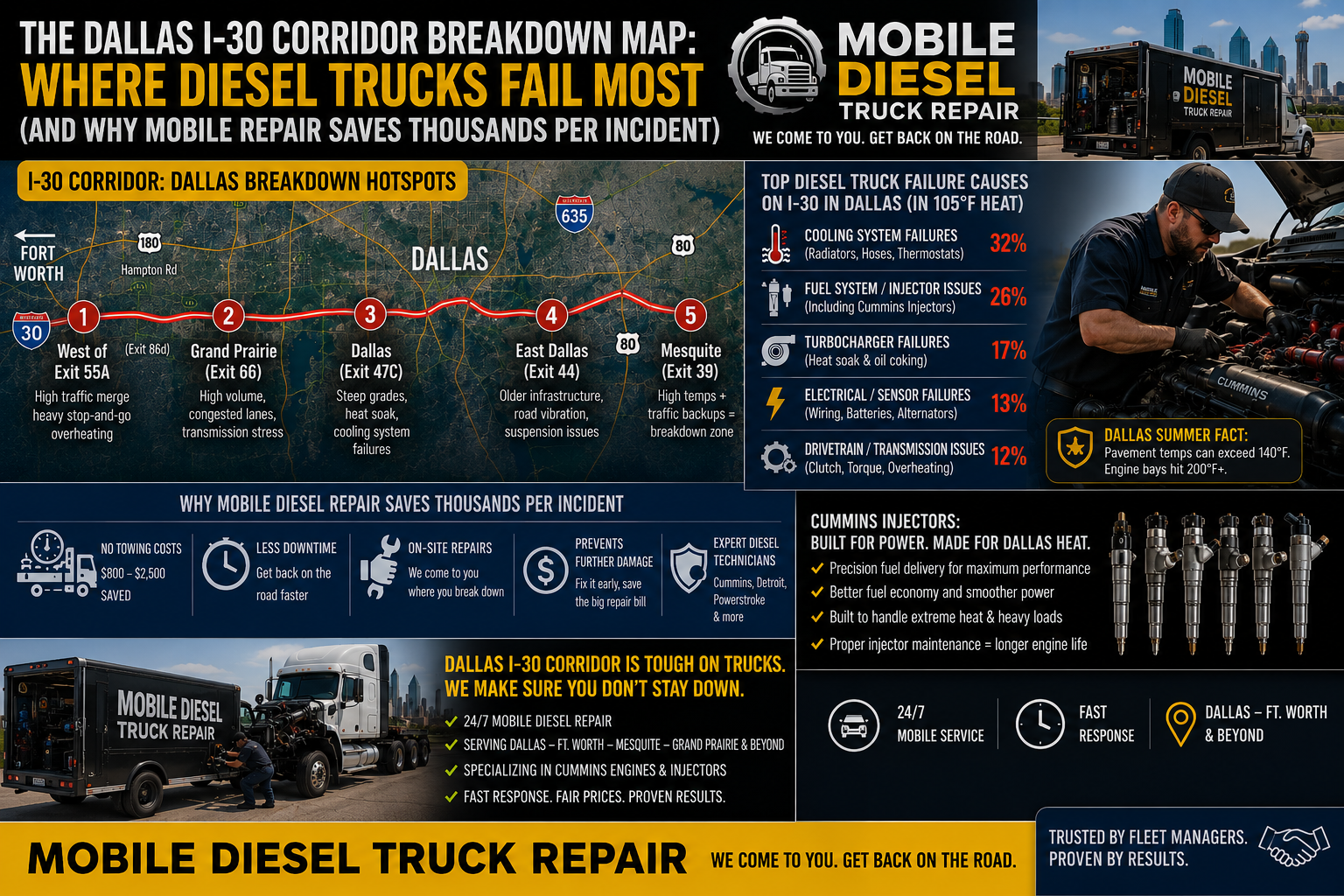 The Dallas I-30 Corridor Breakdown Map: Where Diesel Trucks Fail Most (and Why Mobile Repair Saves Thousands Per Incident)