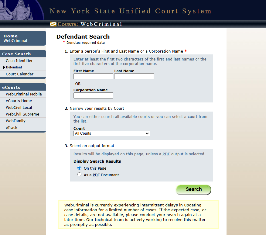 WebCrims: NY Defendant search