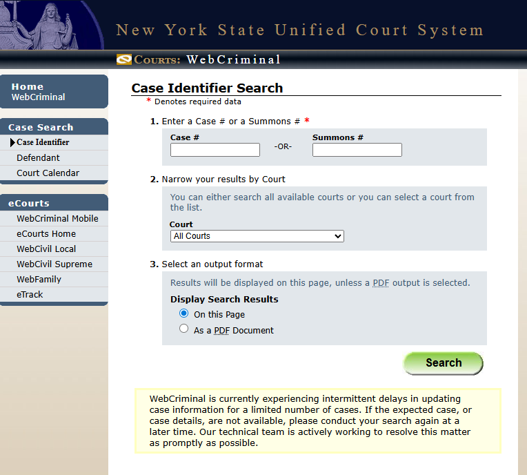 WebCrims: NY Case Identifier Search