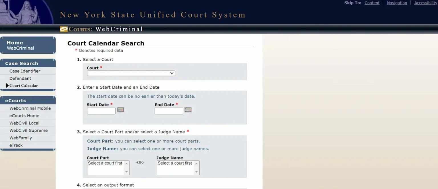 WebCrims: NY Court calendar search