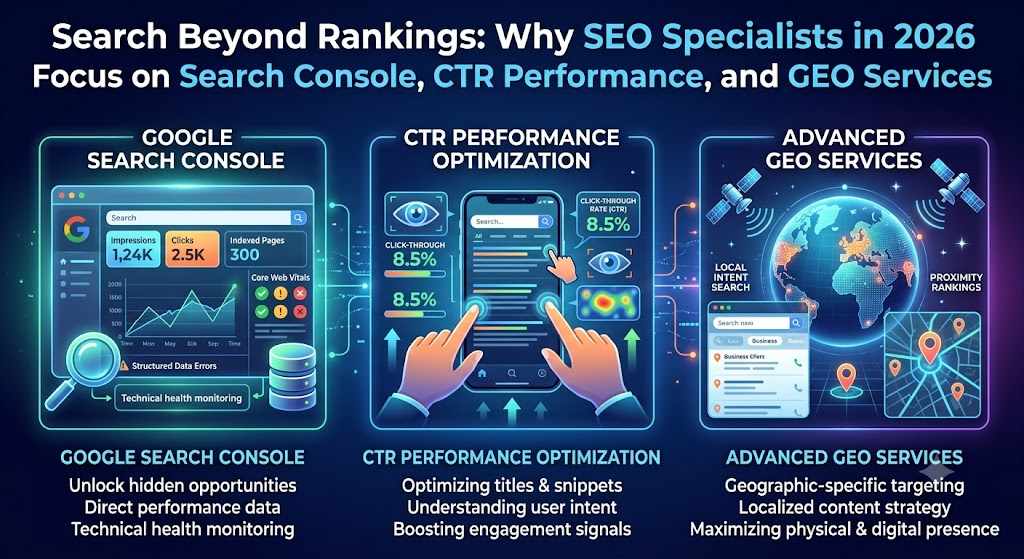 Search Beyond Rankings: Why SEO Specialists in 2026 Focus on Search Console, CTR Performance, and GEO Services