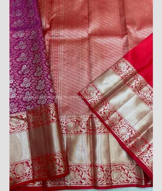 Magenta and Red color kanchi pattu handloom saree with all over jari design -KANP0013327
