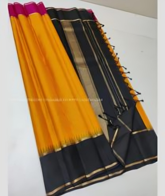 Mango Yellow and Black color soft silk kanchipuram sarees with plain with temple border design -KASS0000788