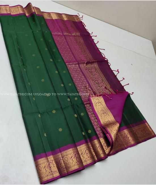 Pine Green and Magenta color soft silk kanchipuram sarees with all over checks and buties with border design -KASS0000805