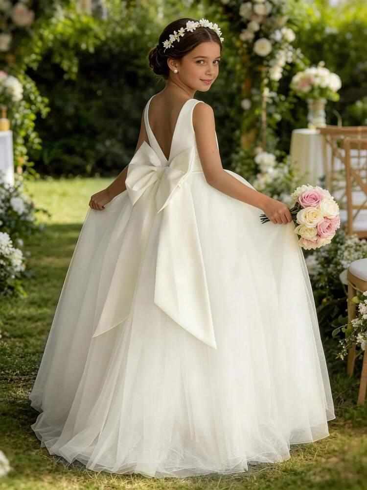 Vestido de fiesta con cuello en V y lazo blanco para niña preadolescente, vestido de princesa elegante adecuado para fiestas de cumpleaños, bodas como niña de las flores, dama de honor, galas de noche, celebraciones festivas | Moda de Mujer | SHEIN México