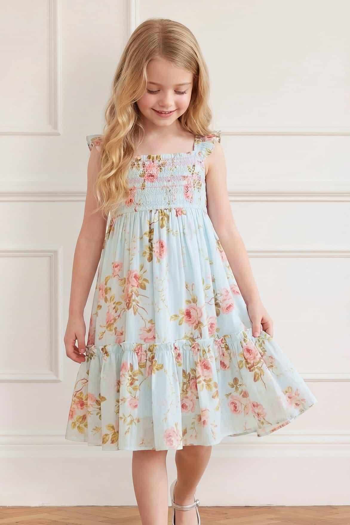 Summer’s Rose Smocked Cami Kids Dress – Blue | Needle & Thread