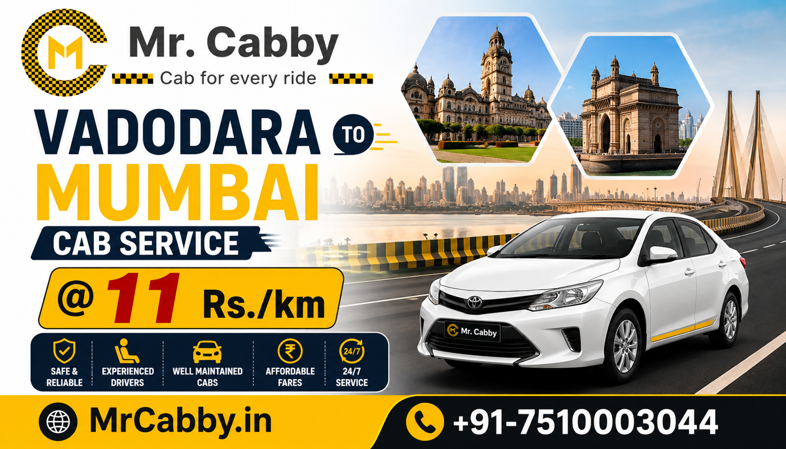 Affordable Vadodara to Mumbai Cab Service with Safe & Timely Pickup