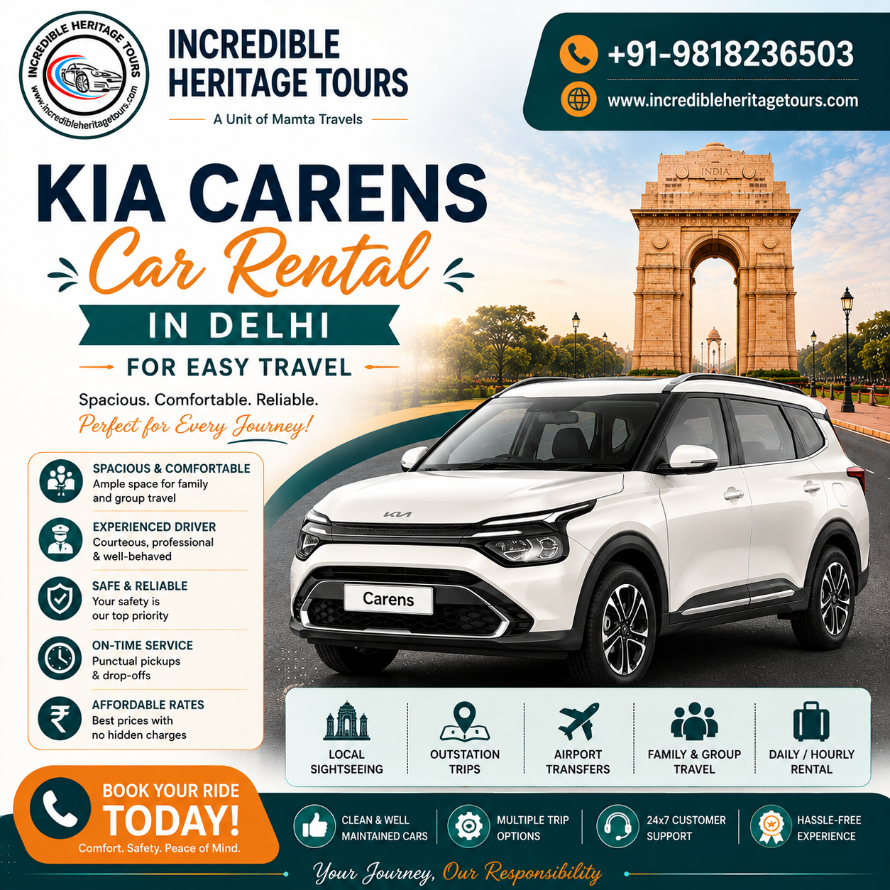Kia Carens Car Rental in Delhi | Hire with Driver
