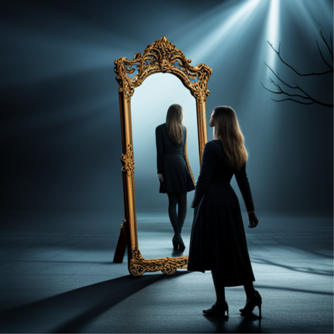 Haunted mirror reflects lost souls seeking revenge in the shadows.