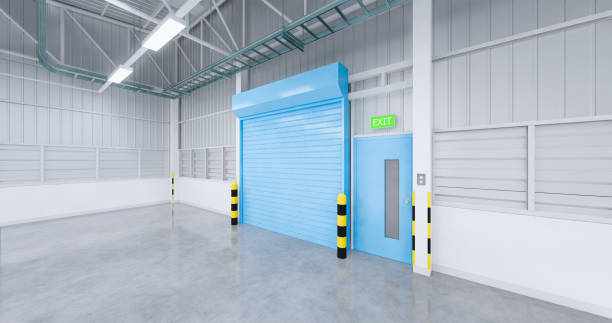 shutter door factory 3D rendering of factory  building with concrete floor and shutter door for industrial background. Roller garage door  3d stock pictures, royalty-free photos & images