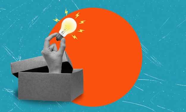 Contemporary art collage of a human hand holding a light bulb from a box