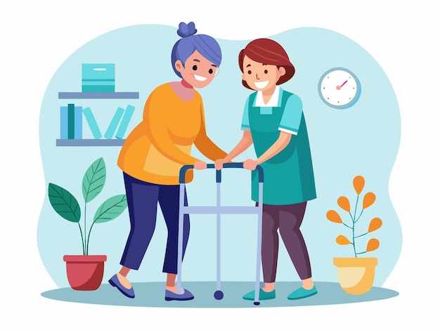 a picture of two women with a shopping cart and a plant