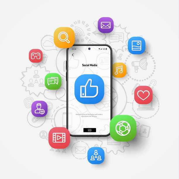 Social media network concept. 3d icons flying over smartphone on hand drawn sketch, doodle design background. Social media network connection, digital market communication, online business concept. Realistic smartphone mockup, 3d icons flying over screen on hand drawn sketch, doodle design background. Vector social media  stock illustrations
