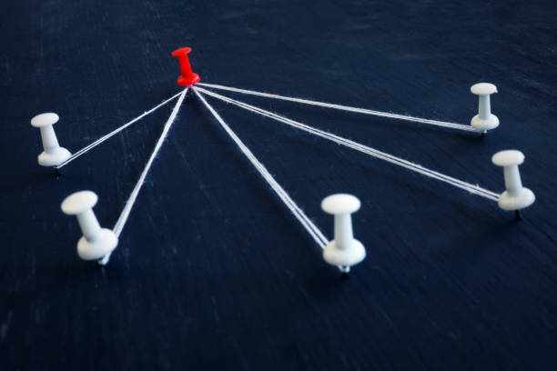 White push pins and red one connected by thread. Leadership, management and delegating. White push pins and red one connected by thread. Leadership, management and delegating. outsourcing  stock pictures, royalty-free photos & images