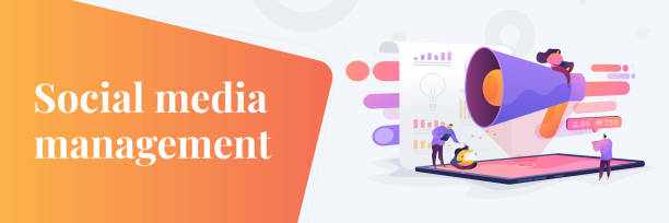 Social media management web banner concept. Social media management, company SMM strategy, digital marketing tool concept. Header or footer banner template with copy space. social media marketing stock illustrations