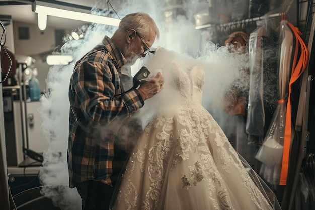 Expert dry cleaner steams wedding dress for perfectly pressed and ready bride