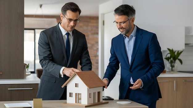 Two realtors in suits are showing a model of house