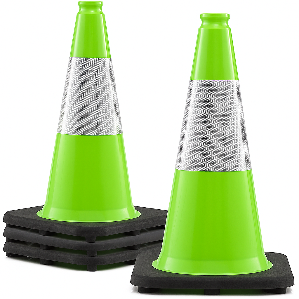 Safety On The Road With Green Traffic Cone