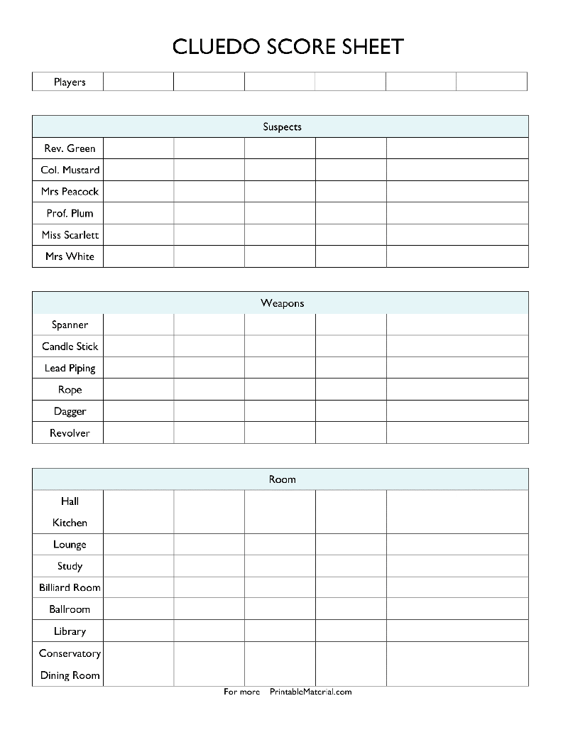 Outsmart your opponents to uncover the truth free printable Cluedo Score Sheets