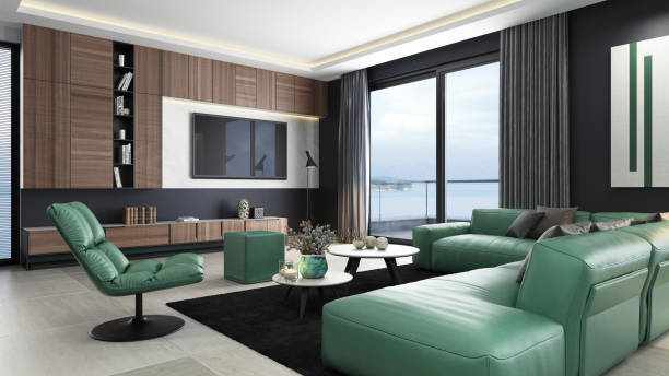 Luxury black and green interior living room with modern minimalist Italian style open space kitchen Luxury apartment with living room interior and modern minimalist kitchen.
Black carpet. Emerald green sofa. Glossy cafe table. 
Floor is light matte marble tiles. Grey and green walls. Italian style interior design. 3d rendering
Dubrovnik seaside background image (my photo). italian kitchen floor tiles stock pictures, royalty-free photos & images