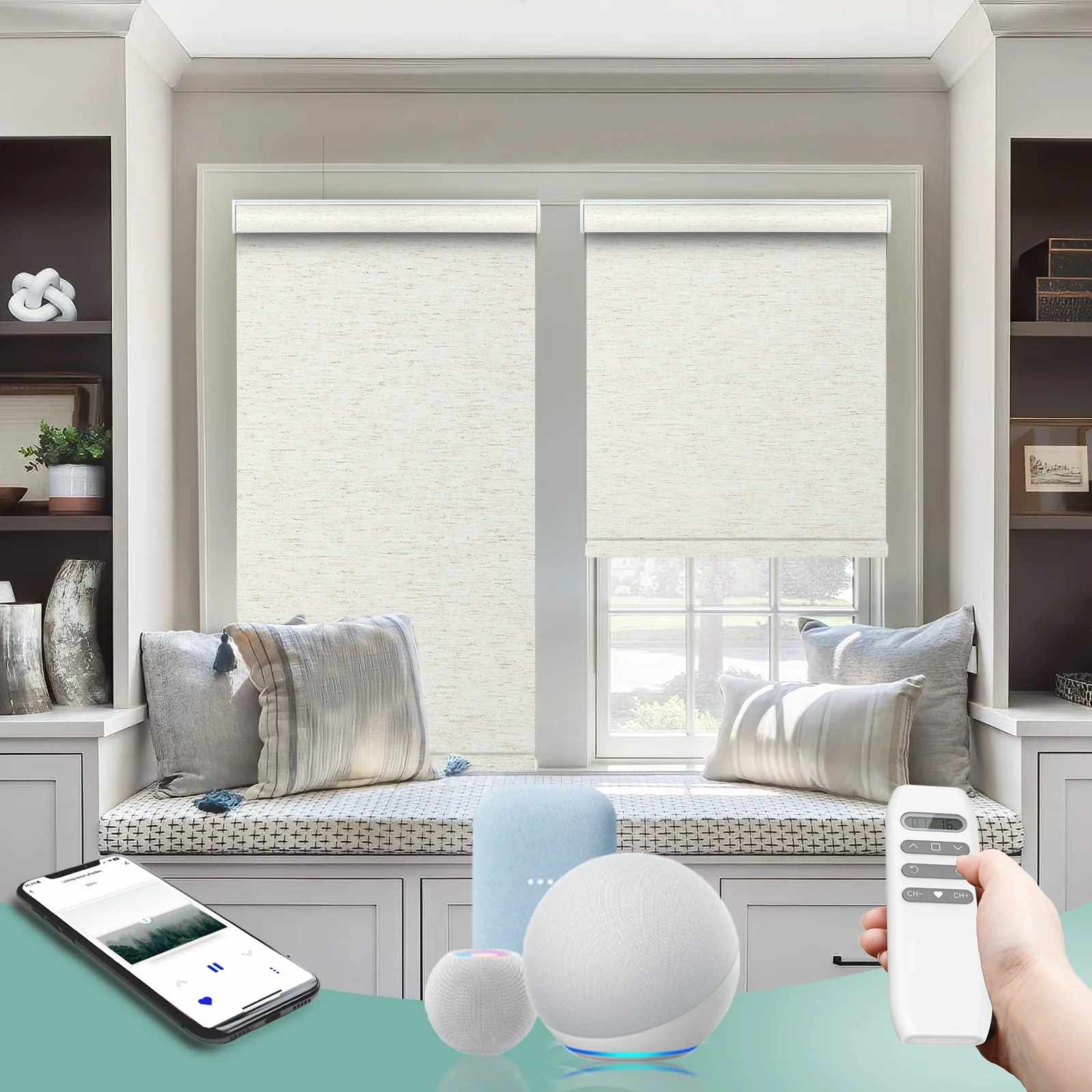 BlindsMagic Smart Motorized Roller Shades 100% Blackout Linen