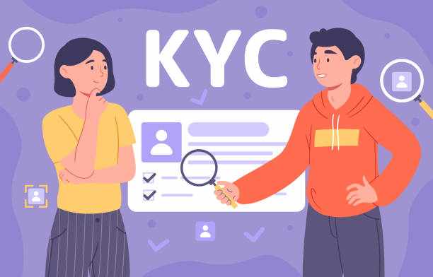 People with KYC vector concept People with KYC concept. Know your customer service. Woman and man with magnifying glass analyze client behaviour, marketing research. Cartoon flat vector illustration isolated on violet background kyc api stock illustrations
