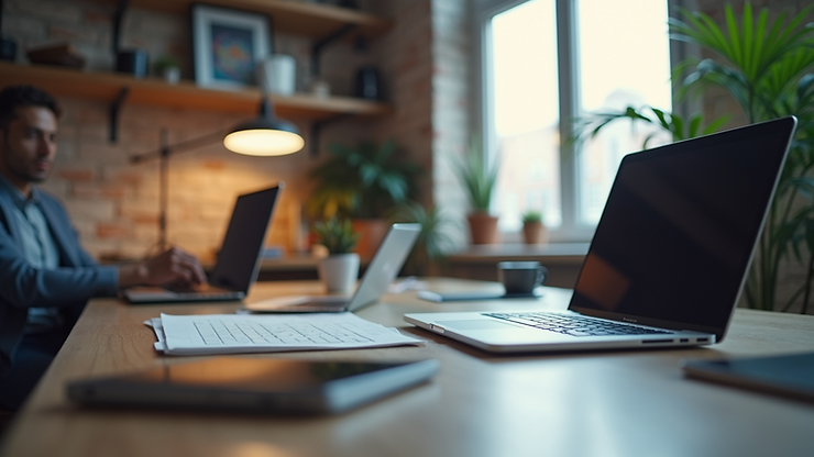 Wide angle view of a collaborative workspace setup with technology tools