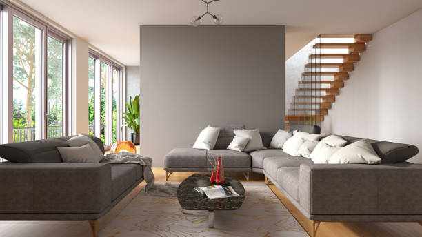 Modern Living Room with and Empty Wall and Gray Furniture Modern Living Room with and Empty Wall and Gray Furniture. 3D Render Corner Sofas with Dual Lounge stock pictures, royalty-free photos & images
