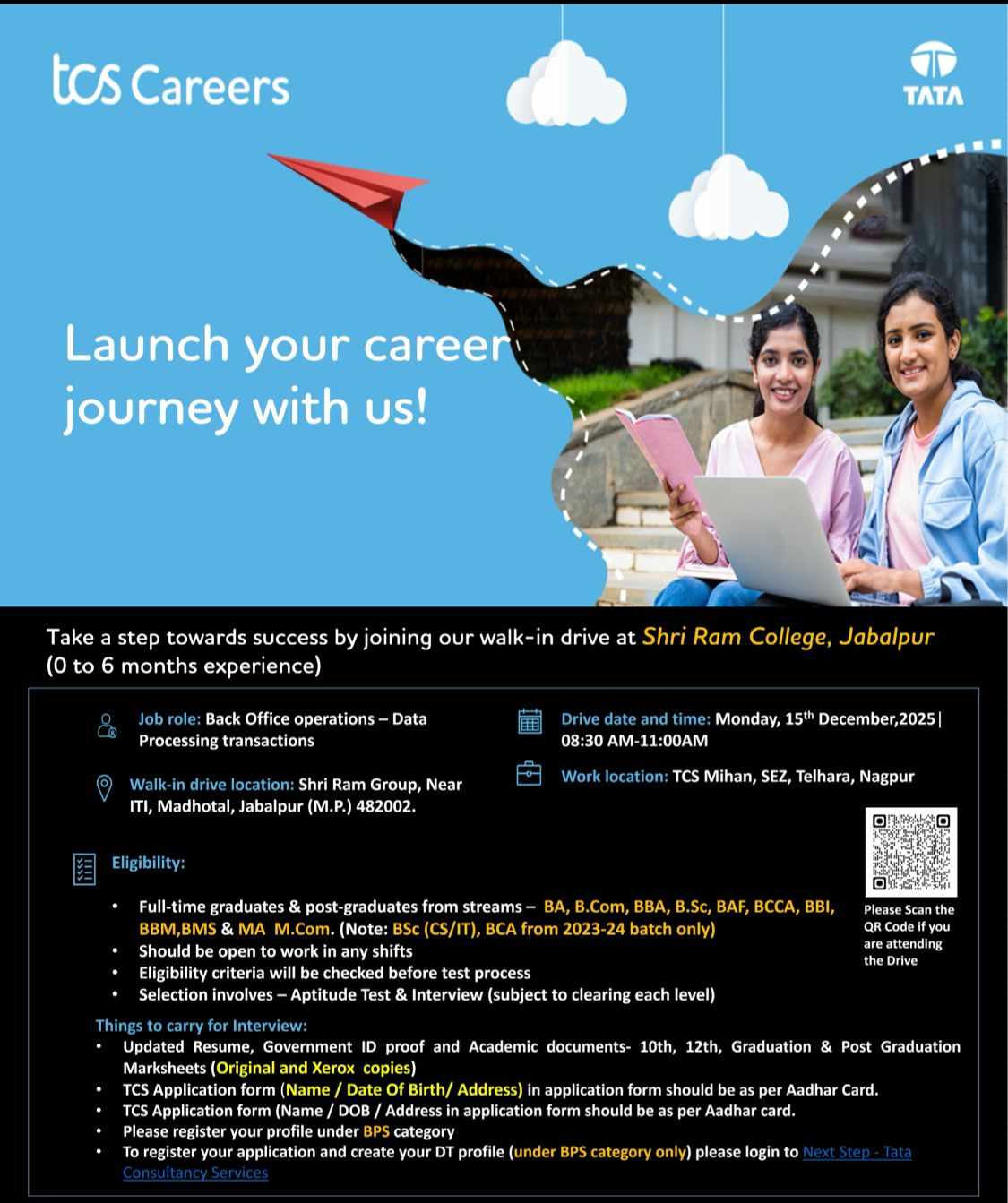 TCS Walk-in Drive at Shri Ram College Jabalpur on December 15-Be Ready for Your Career