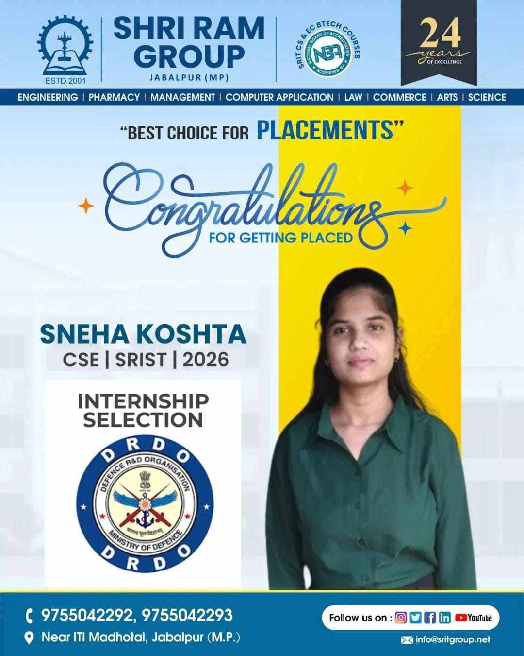 Sneha Koshta of Shri Ram Group Secures Prestigious DRDO Internship