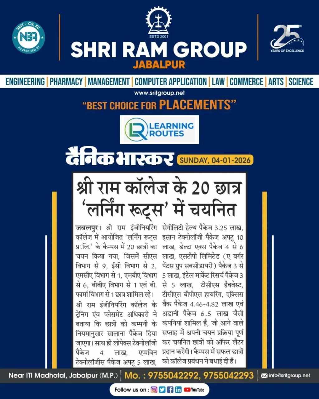 20 Students of Shri Ram Group Jabalpur Placed at Learning Routes-Featured in Dainik Bhaskar
