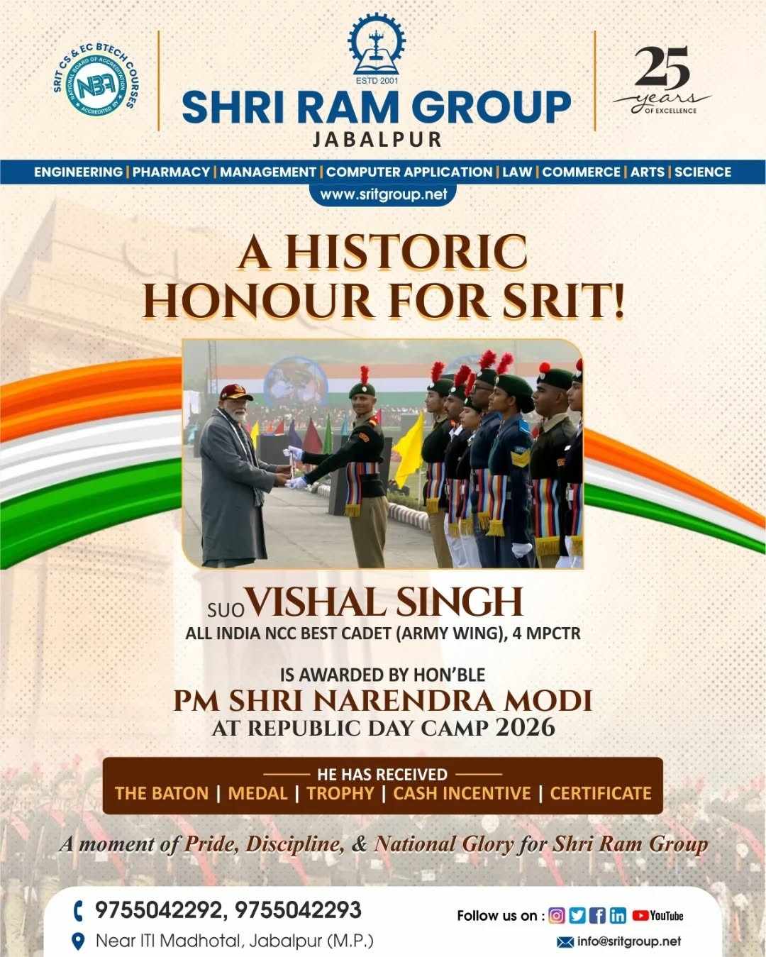 SUO Vishal Singh Got the All India NCC Best Cadet at RDC 2026-A Historic Moment for SRIT Jabalpur