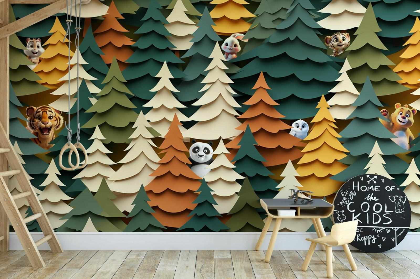 Woodland Peek-a-Boo is a delightful forest wallpaper mural