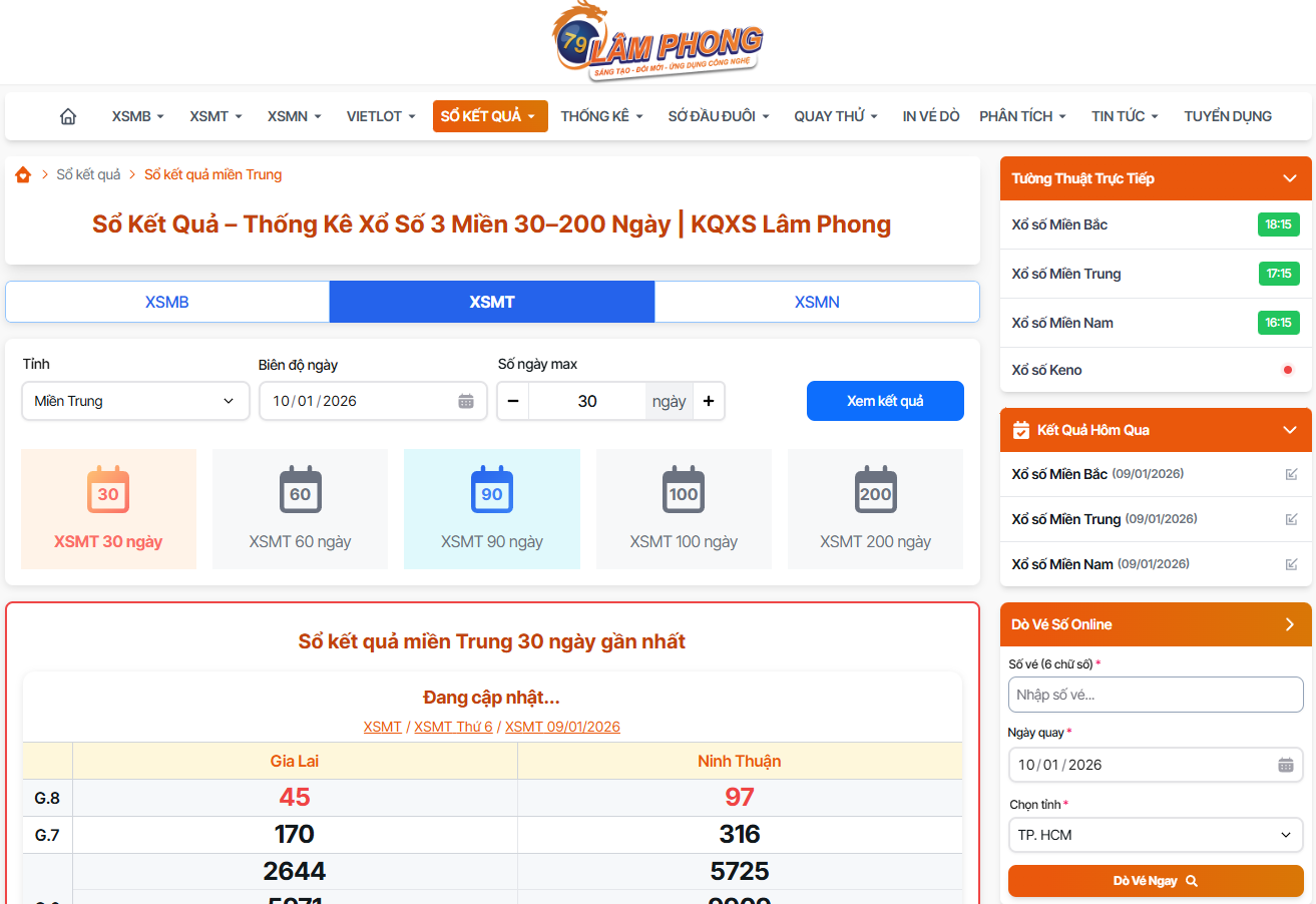 Thống kê sổ kết quả xổ số miền Trung 30–200 ngày  tại Lâm Phong