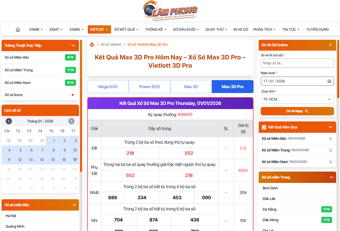 Kết quả max 3D Pro hôm nay tại Lâm Phong