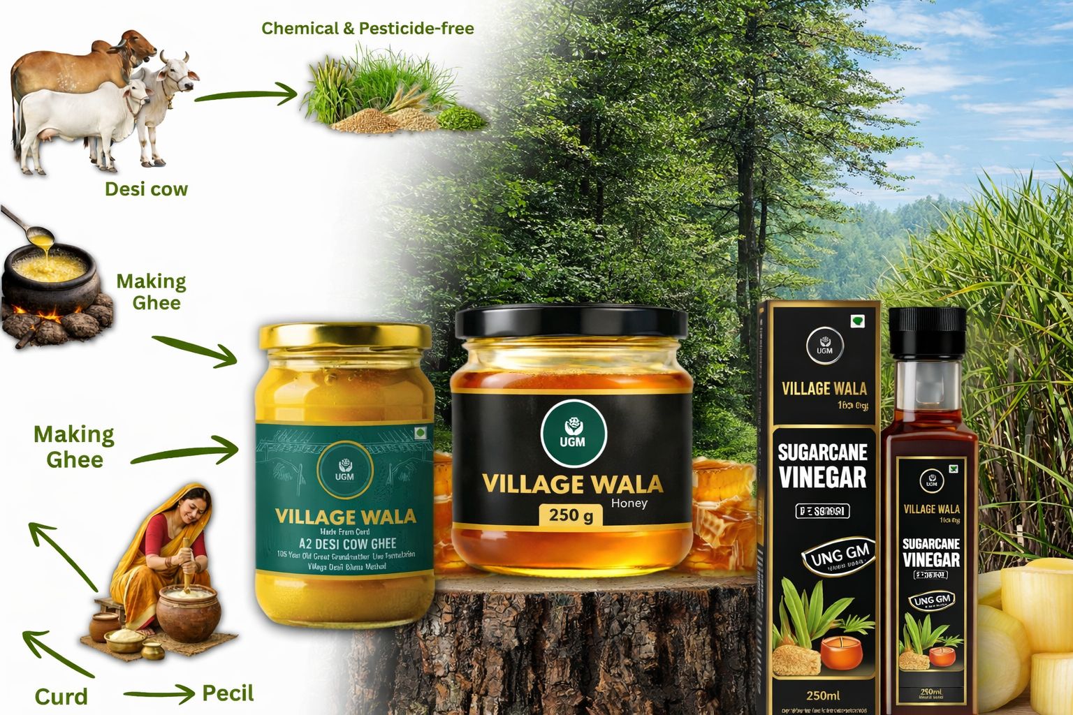 Pure A2 Desi Cow Ghee, Raw Jungly Honey & Sugarcane Vinegar