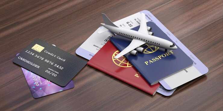 Credit cards and passports on wooden background Electronic payment for vacation and travel concept 3d illustration