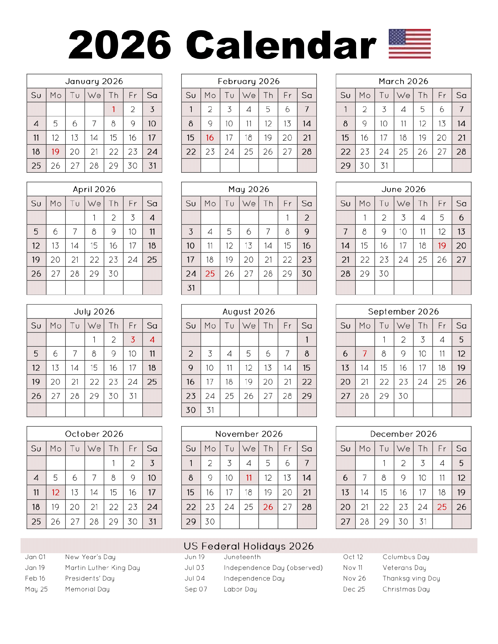 December2026 Calendar Template