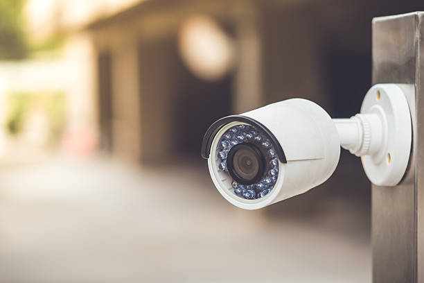 White cctv outside the building, security system White cctv outside the building, security system with vintage color tone cctv camera stock pictures, royalty-free photos & images