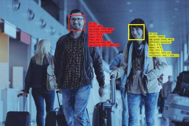 Facial Recognition Technology at the Airport Facial Recognition System at the Airport. People carrying luggage. cctv for crowd stock pictures, royalty-free photos & images